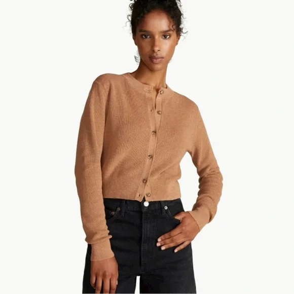 NWT Amour Vert Lily Rib-Knit Cropped Cardigan Sweater | Sz Medium | Camel Tan - Picture 1 of 13